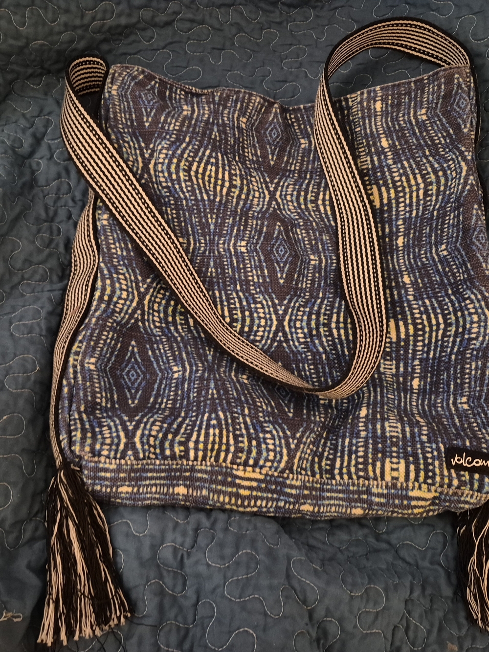 Volcom Navy and Tan Woven Shoulder Tote with Tassel Strap